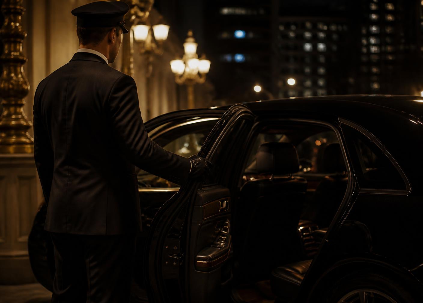 Chauffeur in a dark suit holding open the rear door of a black luxury car outside a lit hotel entrance