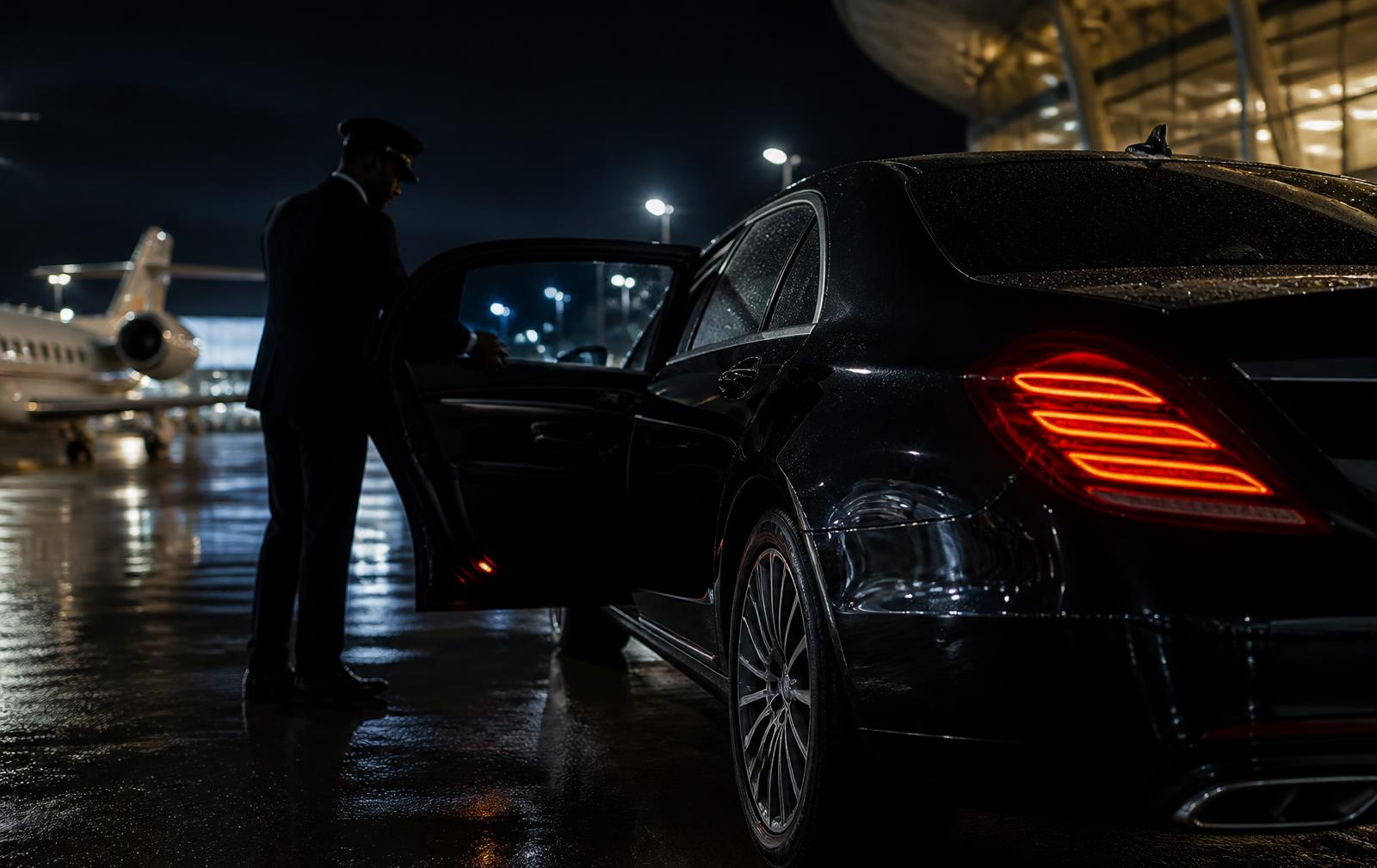 Chauffeur opening the rear door of a black executive sedan on wet airport tarmac at night